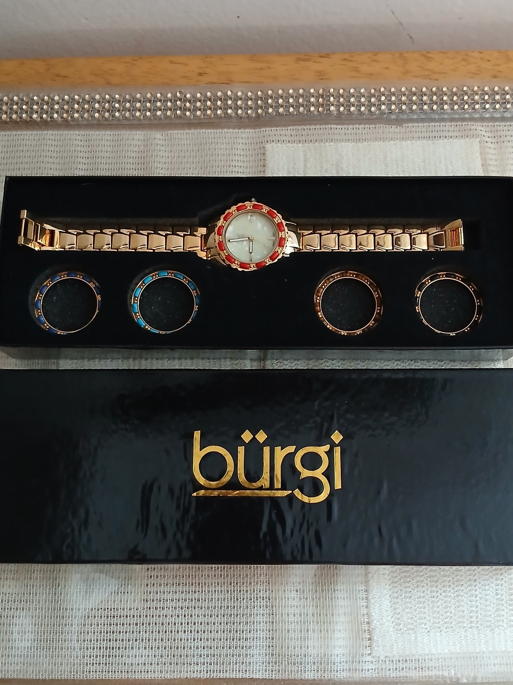 Burgi Gold Tone set/4 Multi Gem Bezel Watch